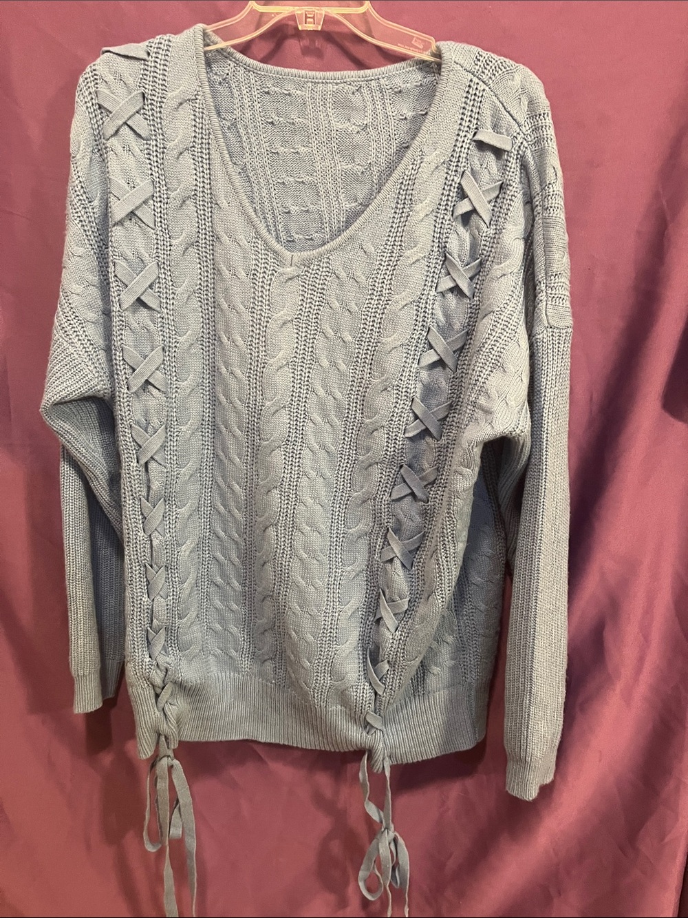 Amazon Essentials Light Blue Cable V-Neck Sweater with Side Lace-Up